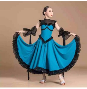 Girls blue with black ballroom dance dresses for kids children waltz tango ballroom dance long swing skirts party performance wear